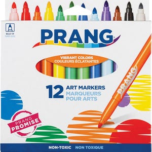 May include: A box of 12 Prang art markers with bullet tips. The box features the Prang logo and text that reads "Vibrant Colors" and "Non-Toxic". The markers are in various colors, including red, orange, yellow, green, and blue.