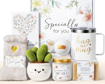 Self Care Spa Gift Basket for Women, Crocheted Cactus, Coconut Vanilla