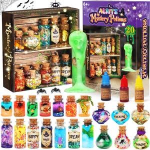 May include: A set of "Mystery Potions" includes a display box with small glass bottles filled with colorful liquids and glitter, each sealed with a cork. The set also features a green slime and colorant bottles. The box reads "Mystery Potions".