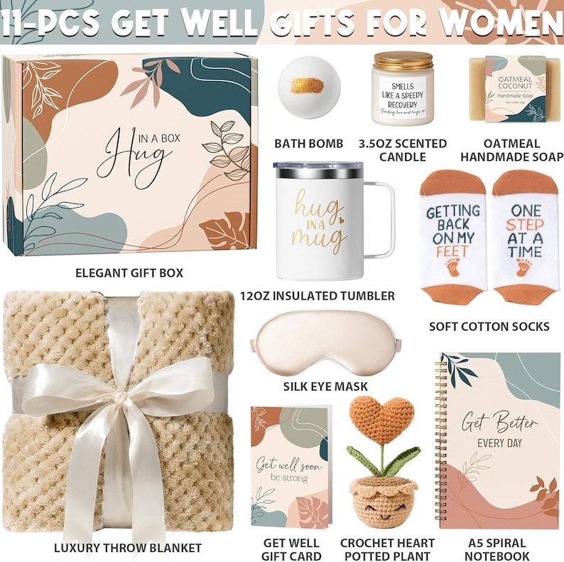 May include: An 11-piece gift set including a patterned box, a bath bomb, a 3.5oz scented candle, oatmeal soap, a 12oz insulated tumbler with 'Hug in a Mug' text, cotton socks, a silk eye mask, a blanket, a card, a crochet heart plant, and a notebook.
