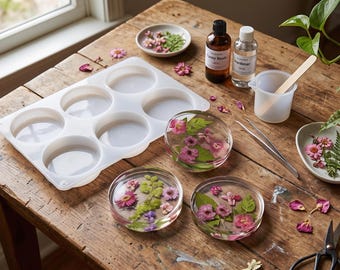 May include: A white silicone mold with six circular cavities, three clear resin coasters embedded with pink flowers and green leaves, two bottles of resin and hardener, a mixing cup with a wooden stick, metal tweezers, and small floral pieces.