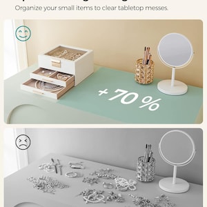 May include: A white jewellery box with two drawers, a gold-coloured handle, and a clear top sits on a mint-green surface. The text "Space-Saving Storage" and "+70%" are visible. A small mirror and a decorative brush holder are also present.
