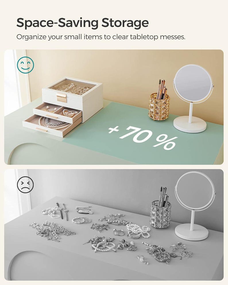 May include: A white jewellery box with two drawers, a gold-coloured handle, and a clear top sits on a mint-green surface. The text "Space-Saving Storage" and "+70%" are visible. A small mirror and a decorative brush holder are also present.