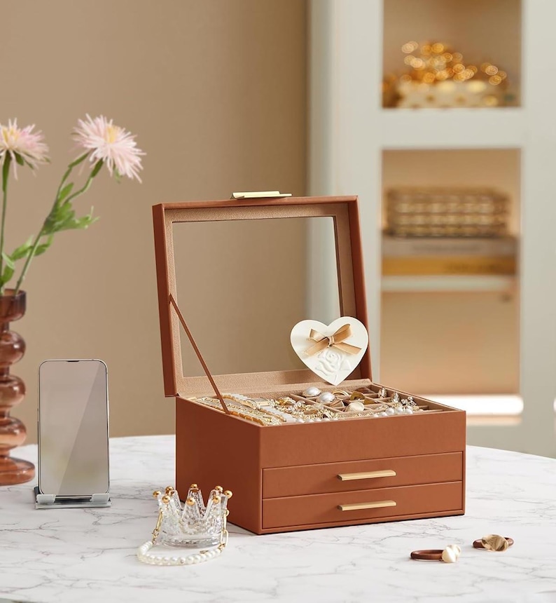Glass Lid Jewelry Box Organizer: 3-Layer Storage with Drawers image 8