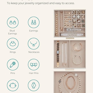 May include: A jewellery organiser with various compartments, showcasing an assortment of jewellery. The image includes necklaces, rings, earrings, bracelets, and watches. Text reads "Sort by Type" and "To keep your jewellery organised and easy to access."