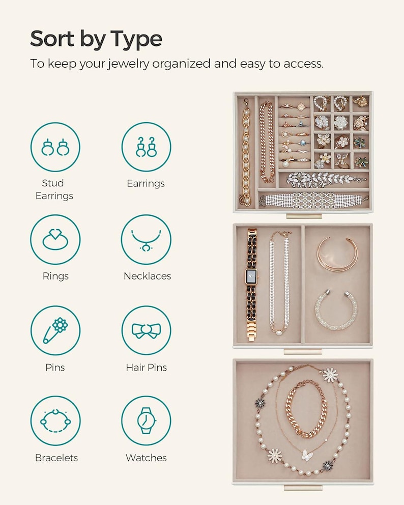 May include: A jewellery organiser with various compartments, showcasing an assortment of jewellery. The image includes necklaces, rings, earrings, bracelets, and watches. Text reads "Sort by Type" and "To keep your jewellery organised and easy to access."
