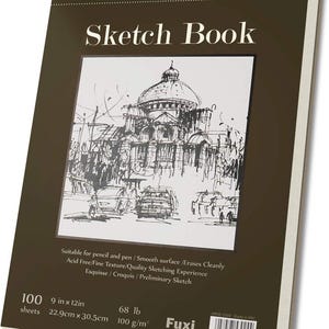 May include: A spiral-bound sketchbook with the title "Sketch Book" in white lettering. The cover is a dark brown color. The image on the front features a black and white sketch of a building. The sketchbook measures 9 inches by 12 inches and contains 100 sheets.