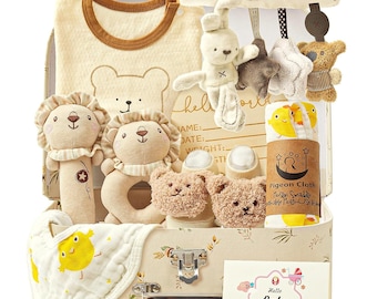Newborn Baby Gift Basket, Plush Rattle, Swaddle Blanket, Milestone Set