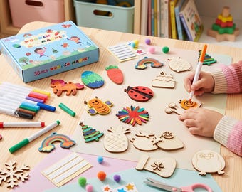 May include: A 36-piece wooden magnet craft set featuring a blue box labeled 36 PCS WOODEN MAGNET, various unfinished wooden shapes including a unicorn, rainbow, ladybug, and pineapple, along with a set of colorful markers for decorating the pieces.