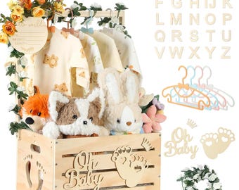 Wooden Baby Shower Crate, Customizable Storage Basket with Handle, Garland, Oh Baby Decor