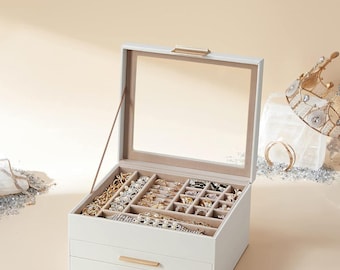 Glass Lid Jewelry Box Organizer: 3-Layer Storage with Drawers