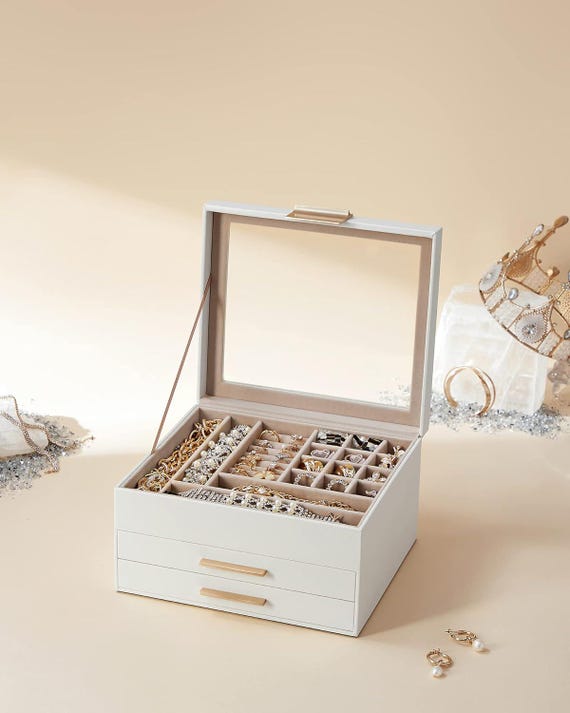 Glass Lid Jewelry Box Organizer: 3-Layer Storage with Drawers