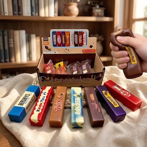 Puede incluir: Una caja expositora de cartón que contiene varios squishies rectangulares con forma de barritas de chocolate, con varias barritas individuales dispuestas delante. La caja muestra el texto Simulation Chocolate Bar Squishy.