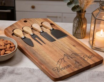 Personalisiertes Käsebrett- und Messerset aus Akazienholz, individuelles Charcuterie-Servierbrett, Corporater-Geschenke, Geschenk für Mitarbeiter
