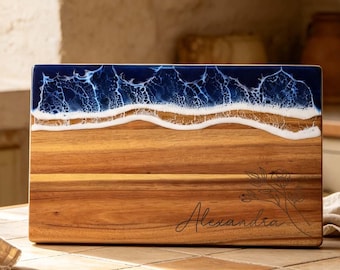 Personalized Ocean Wave Resin Charcuterie Board, Engraved Acacia Wood Platter, Realtor Kitchen Decor, Housewarming Kitchen Gift