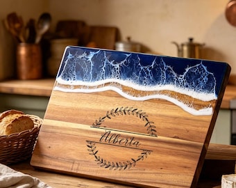 Engraved Ocean Resin Wave Cheese Tray, Home Charcuterie Platter, Personalized Resin Platter, Birthday Gift, Christmas Gift for Grandma