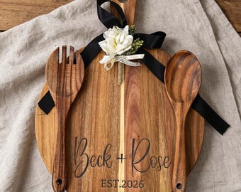 Juego de tablas de cortar de madera de acacia personalizadas con cucharas, regalo grabado para inauguración de casa o aniversario