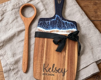 Personalized Acacia Wood Ocean Resin Serving Board, Ocean Resin Board Beach Lover Gift,  Name Engraved Coastal Charcuterie Board Set