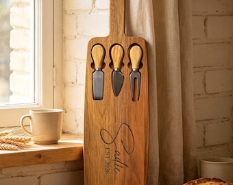 Personalized Charcuterie Board with Knives, Engraved Cheese Board with Handle, Engagement Gift for Couple, Wedding Platter for Newlyweds