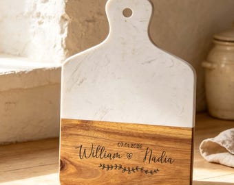 Personalized Marblewood Cutting Cheese Board, Engraved Family Serving Board, Charcuterie Board with Handle, New Home Kitchen Gift Idea
