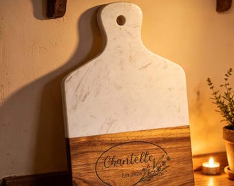 Personalized Marble Wood Cutting Board, Wooden Serving Board,  Housewarming Gift, Bridal Shower Gift, Wedding Platter, Gift for Chef