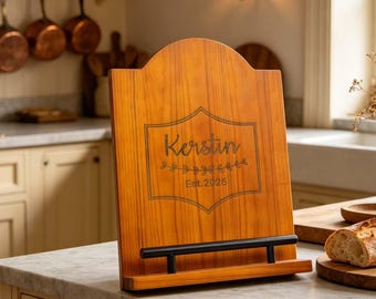 Custom Cookbook Display, Personalized Recipe Book Holder, Folding Wood Book Stand, Rustic Kitchen Counter Decor, Housewarming Gift