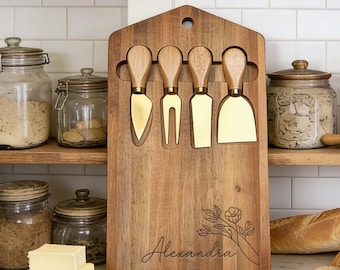 Akazienholz Charcuterie Board Set mit Messer, personalisierte Käseplatte, Küchengeschenk für Paare, Jubiläumsgeschenke