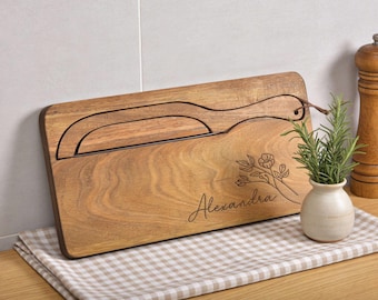 Houten zuurdesembroodmes, kruimelopvangplank, handgemaakte strikmessenset, natuurlijk rustiek hardhout, tweehandig ontwerp voor thuisbakkers