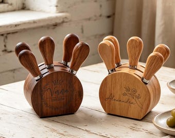 Engraved Cheese Knife Block, Personalized Charcuterie Knives and Knife Stand, Engraved Family Gift, Buyer Closing Gift, New Home Gift