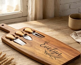 Personalized Cheese Board with Knives, Custom Charcuterie Board with Handle, New Home Gift Set, Kitchen Serving Set, Christmas Gift