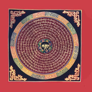 Mandala a spirale con mantra Om arcobaleno, Thangka 40×40 cm con cornice in legno – Arte buddista tibetana dipinta a mano / Decorazione da parete vibrante per meditazione e yoga