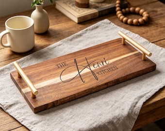 Bandeja de madera de acacia grabada a medida, bandeja personalizada para barbacoa, bandeja para desayuno en la cama, decoración de cocina, regalo de inauguración de casa, regalo de cierre de agente inmobiliario