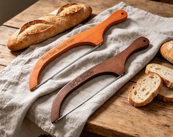 Cuchillo de pan con forma de lazo grabado a medida, rebanador de pan de masa madre de madera, cuchillo de pan con forma de lazo personalizado, regalo para amantes del pan de masa madre.