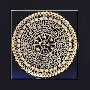 Mandala Thangka Mantra Oro 40×40 cm con Cornice in Legno – Ruota Om Mani Padme Hum dipinta a mano / Arte murale di meditazione tibetana nera e oro