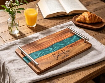Bandeja de madera y resina con diseño de río para embutidos, tabla de quesos personalizada, bandeja para barbacoa al aire libre, regalo de inauguración de casa, regalo de cumpleaños para papá.