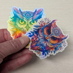 Stickers vinyles holographiques hiboux, Stickers imperméables, Stickers ordinateur portable, Stickers bouteilles d'eau, Stickers hiboux colorés, Stickers oiseaux