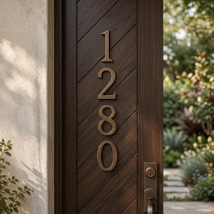 Pode incluir: Uma porta de madeira castanho-escura com um padrão de tábuas diagonais e números de casa verticais em latão que dizem 1280. A porta inclui um puxador e mecanismo de fecho em latão a condizer, contra uma parede clara e um jardim desfocado.