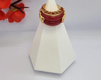Red Jade Hanbok Ring: Handmade Gold-Tone Filigree Statement Band