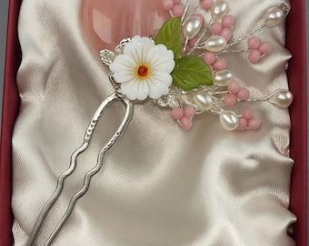Premium Handmade Korean Hairpin (Style B) | Hanbok Accessory with Pink Gemstone and Flowers | Traditional Binyeo for Doljanchi and Wedding