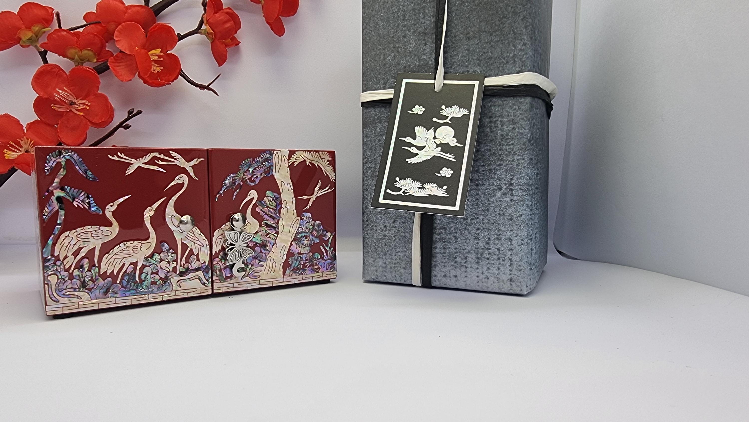 韓国 螺鈿細工 宝石箱 ジュエリーボックス 鶴 漆塗り 中古品 管理番号 