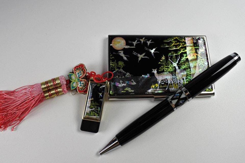 高級韓国産螺鈿ギフトセット | ナジョンチルギペン、USBメモリ、カード