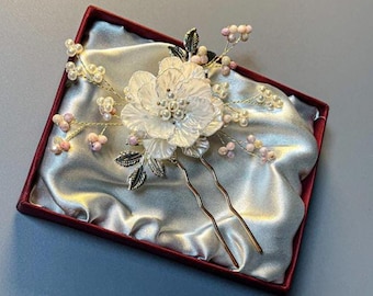 Handcrafted Korean Traditional Hairpin (Style A) | Pink Floral Pearl Hair Stick – Elegant Hanbok Accessory for Women & Girls