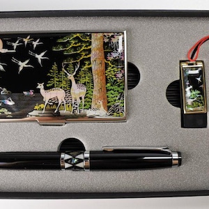 Premium Korean Mother-of-Pearl Gift Set | Najeonchilgi Pen, USB & Card Holder | Traditional Handmade Korean Lacquerware Set