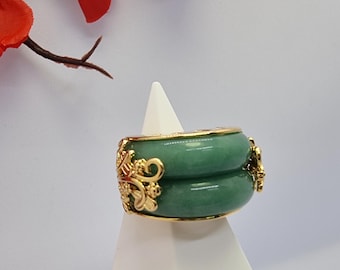Korean Green Jade Statement Ring: Gold-Tone Filigree, Lucky Pouch