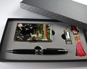 高級韓国産螺鈿ギフトセット | ナジョンチルギペン、USBメモリ、カード