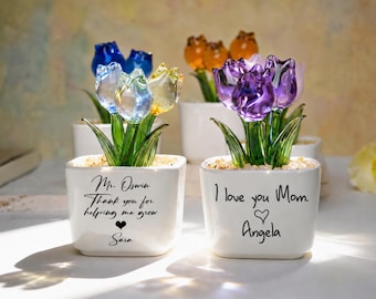 Custom Glass Tulips Pot, Teacher Flower Appreciation Gift, Mothers Day Gifts, Thank You for Helping Me Grow Gift, Gift for Graduate