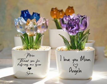 Tulipanes de vidrio para siempre, regalo floral para mamá, vidrio soplado en maceta, regalos para el Día de la Madre