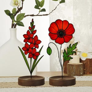 California Poppy Birth Flower Stained Glass, Birth Flower Bouquet, Glass Sculpture, Teachers&#39; Day Gift, Floral Table Decor, Carnation
