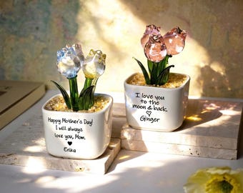 Maceta de cristal única con tulipanes, regalo para mamá, feliz día de la madre, maceta personalizada, tulipanes eternos.