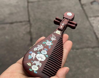 Unique Music Lover Gift | Pipa-Shaped Wooden Hair Comb | Abalone Shell Inlay | Handmade Artisan Comb